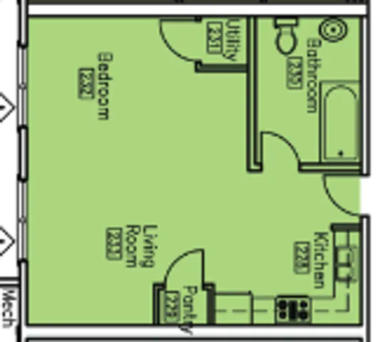 Inviting floor plan with a well-designed bedroom, cozy living room, modern kitchen, and bathroom with utility space.