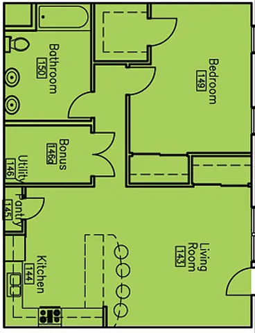 Inviting floor plan showcasing an open-concept living room, kitchen with counter seating, cozy bedroom, and bonus room for flexible use.