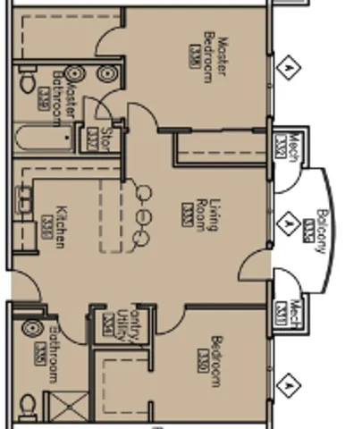Elegant floor plan featuring 3 bedrooms, open living and dining area, modern kitchen, and dual balconies for a luxurious lifestyle.