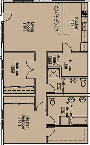 Elegant 2D floor plan featuring a spacious living room, modern kitchen with bar seating, master suite with private bath, an additional bedroom, bonus room, and two well-appointed bathrooms.
