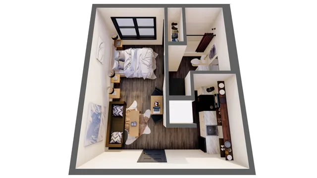Stylish studio apartment floor plan with cozy bedroom, elegant living area, compact kitchen, and modern bathroom.