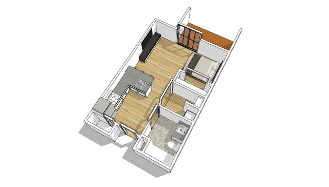 Modern 3D floor plan showcasing a cozy bedroom, open-plan kitchen, and inviting living area with sleek wood flooring.