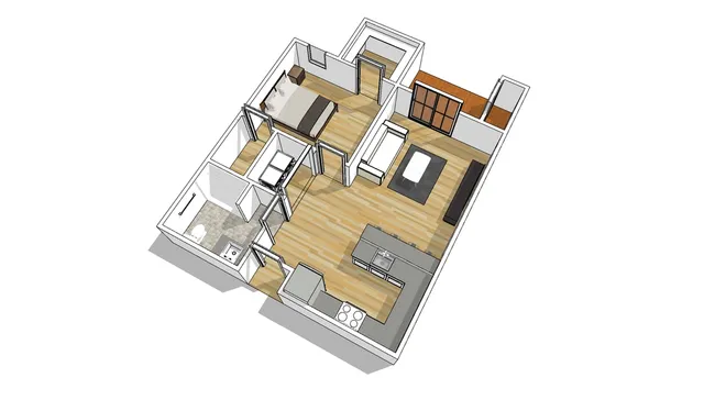 Modern 3D floor plan showcasing a spacious apartment with a cozy bedroom, sleek kitchen with island, inviting living area, and stylish bathroom.