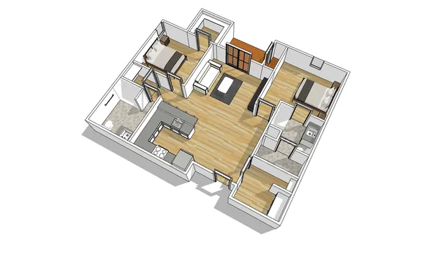 Elegant 3D floor plan showcasing 3 bedrooms, spacious living area, modern kitchen, and stylish bathrooms.