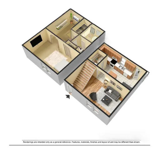 Modern two-story floor plan featuring an inviting living room, sleek kitchen, cozy bedroom, and stylish bathroom with wooden accents.