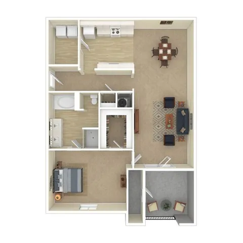 Elegant apartment floor plan showcasing 1 bedroom, a modern kitchen, a stylish living room, and a cozy patio area.