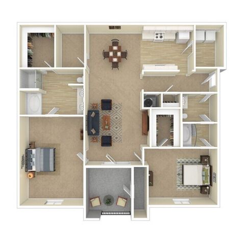 Elegant 3D floor plan showcasing two spacious bedrooms, a cozy living room with comfortable seating, a modern kitchen, and two stylish bathrooms.