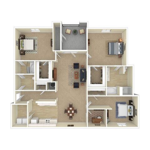 Modern 3D floor plan showcasing a luxurious layout with three spacious bedrooms, an inviting living room, and a functional kitchen, complete with a cozy balcony.
