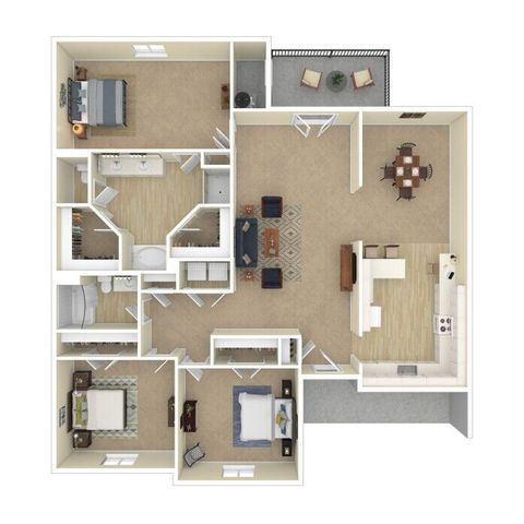 Charming floor plan showcasing 3 spacious bedrooms, an open-concept kitchen and dining area, cozy living room, and a private balcony.
