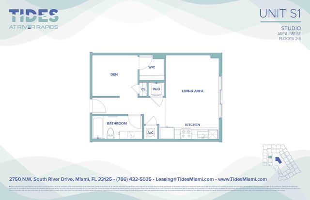 Unit S1 studio floor plan at Tides, River Rapids features a spacious living area, modern kitchen, den, bathroom, and convenient walk-in closet in Miami.