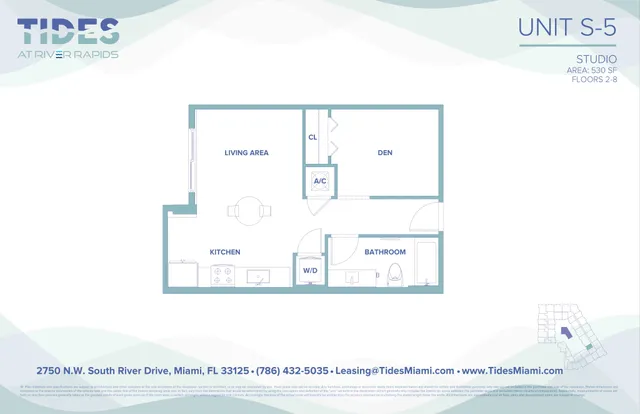 Modern studio floor plan at Tides at River Rapids, featuring a spacious living area, kitchen, den, and bathroom within 530 sq ft.