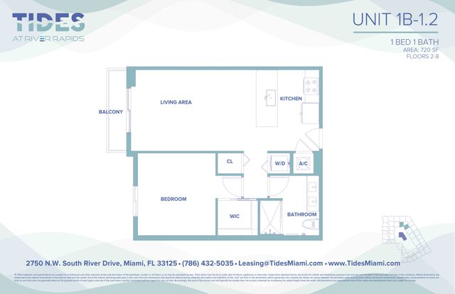 Contemporary 1-bedroom floor plan at Tides at River Rapids featuring a spacious living area, modern kitchen, and private balcony, covering 720 sq ft.