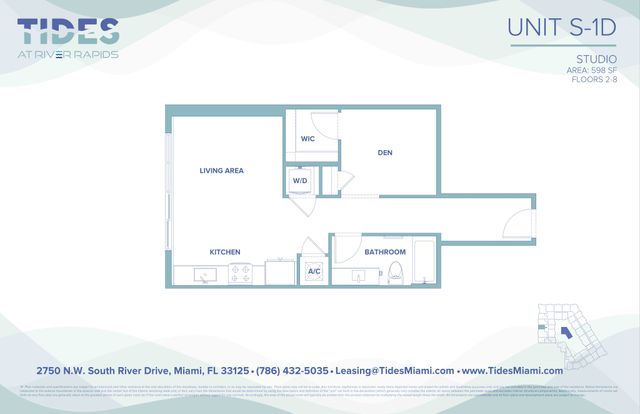 Modern studio floor plan at Tides at River Rapids featuring an open living area, spacious kitchen, den, and bathroom with 598 sq ft of space in Miami.