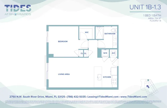 Tides at River Rapids Unit 1B-1.3 floor plan showcasing a modern 1 bedroom, 1 bathroom layout with a spacious living area, stylish kitchen, and convenient W/D setup in 734 sq ft.