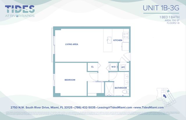 Tides at River Rapids unit 1B-3G floor plan showcasing 1 bedroom, 1 bathroom, spacious living area, and modern kitchen in a 700 sq ft layout.