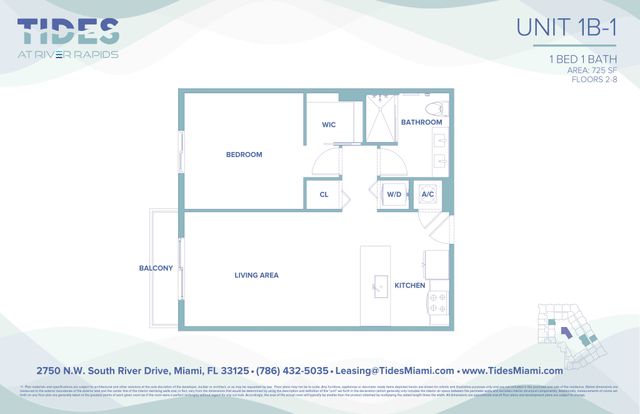 Tides at River Rapids Unit 1B-1 floor plan showcasing a spacious 1 bedroom, 1 bathroom layout. Features include a walk-in closet, functional kitchen, open-concept living area, and a charming balcony, perfect for enjoying Miami views. Total area is 725 sq ft.