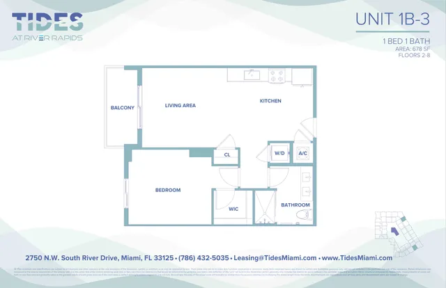 Modern floor plan of Unit 1B-3 at Tides at River Rapids, featuring 1 bedroom, an open-concept living area, kitchen, and a private balcony. Compact 678 sq ft layout with convenient amenities like a walk-in closet and washer/dryer.