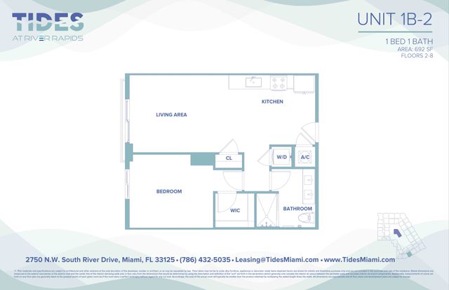 Tides at River Rapids Unit 1B-2 floor plan with 1 bedroom, a spacious living area, modern kitchen, and bathroom. Includes walk-in closet and laundry. Ideal 692 sq ft layout for comfortable living in Miami, FL.