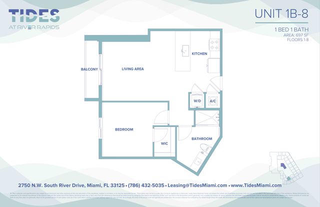 Modern 1-bedroom floor plan at Tides at River Rapids featuring a spacious living area, a sleek kitchen, and a private balcony in Miami, 697 sq ft.