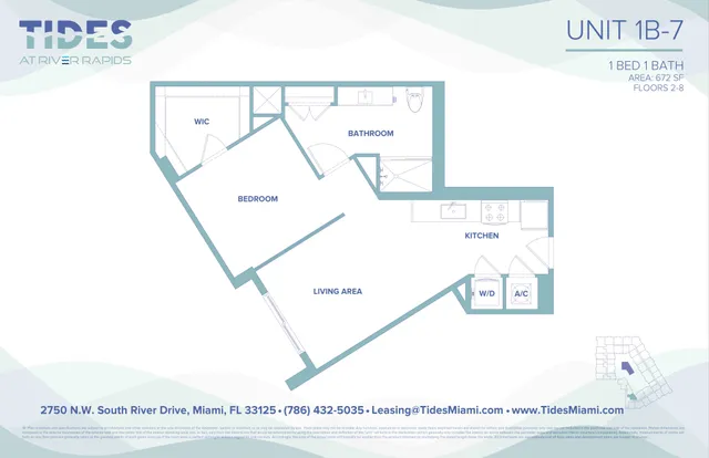 Innovative Unit 1B-7 floor plan at Tides at River Rapids featuring 1 bedroom, well-appointed bathroom, modern kitchen, and cozy living area in 672 sq ft.