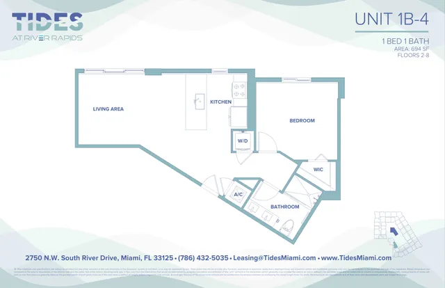Modern Miami floor plan, Tides at River Rapids, featuring 1 bedroom, 1 bath, open living area, and kitchen in a spacious 694 sq ft layout.
