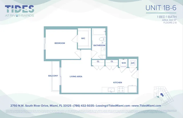 Modern floor plan for Tides at River Rapids, Unit 1B-6, featuring 1 bedroom, 1 bath, a spacious living area, kitchen, and balcony, in 663 sq ft.