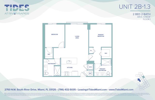 Modern floor plan of Tides at River Rapids, Unit 2B-1.3, featuring 2 bedrooms, 2 bathrooms, a spacious living area, and a contemporary kitchen. Total area of 1,008 square feet in Miami.