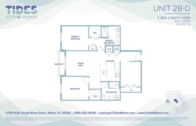 Chic 2-bedroom, 2-bathroom floor plan with den at Tides at River Rapids, featuring a spacious living area, modern kitchen, primary suite, and private balcony. 1,216 sq ft in Miami.