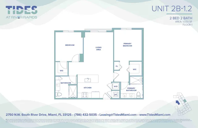 Tides at River Rapids Unit 2B-1.2 floor plan showcasing 2 bedrooms, 2 bathrooms, a spacious living area, and modern kitchen, in a 1,020 sq ft layout.