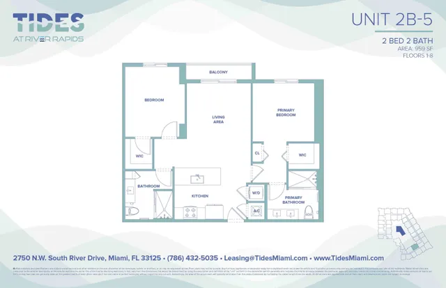 Modern 2-bedroom, 2-bathroom unit floor plan at Tides at River Rapids with open living area, balcony, and walk-in closets in Miami.