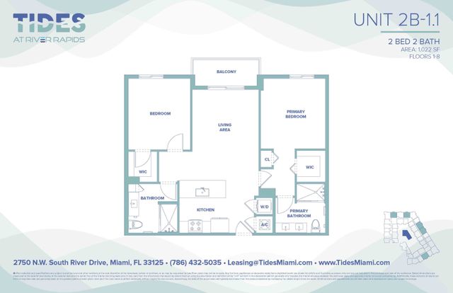 Modern Unit 2B-1.1 floor plan with 2 bedrooms, 2 bathrooms, spacious living area, and inviting balcony, covering 1,022 sq ft at Tides at River Rapids, Miami.