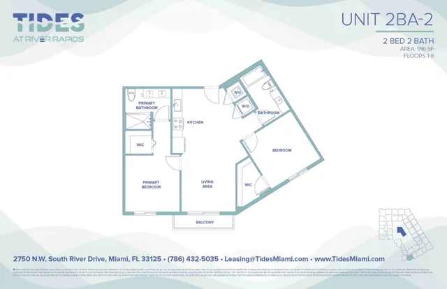 Tides at River Rapids floor plan for Unit 2BA-2, featuring 2 bedrooms, 2 bathrooms, spacious living area, and balcony, covering 916 sq ft in Miami.