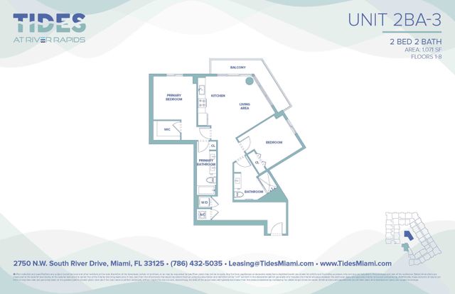 Modern 2-bedroom, 2-bath floor plan at Tides at River Rapids featuring a spacious living area, kitchen, and private balcony.