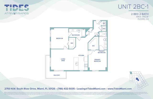 Tides at River Rapids Unit 2BC-1 floor plan showcasing 2 bedrooms, 2 bathrooms, spacious living area, modern kitchen, and balcony in Miami, 1150 sq ft.