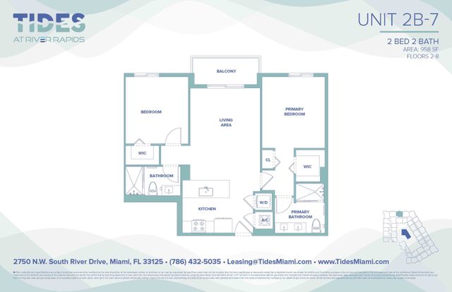 Modern floor plan of Unit 2B-7 at Tides at River Rapids featuring 2 bedrooms, 2 bathrooms, and a spacious living area with a balcony in Miami, 958 sq ft.