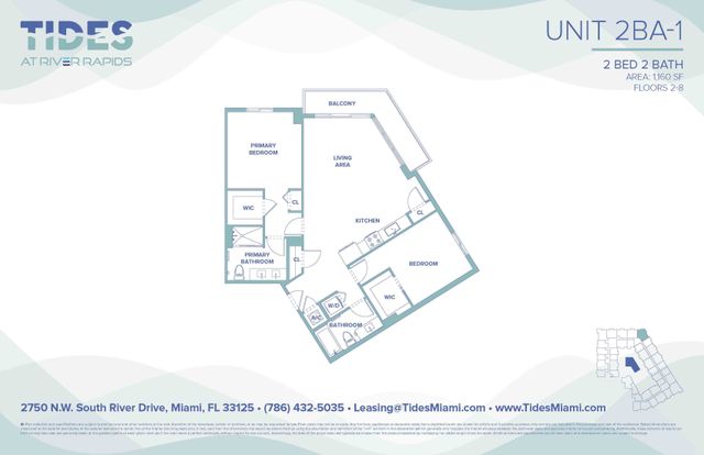 Contemporary floor plan for Unit 2BA-1 at Tides at River Rapids showcasing 2 bedrooms, 2 bathrooms, a spacious living area, and a stylish kitchen with balcony access. Ideal layout for comfortable Miami living, covering 1,160 sq ft.