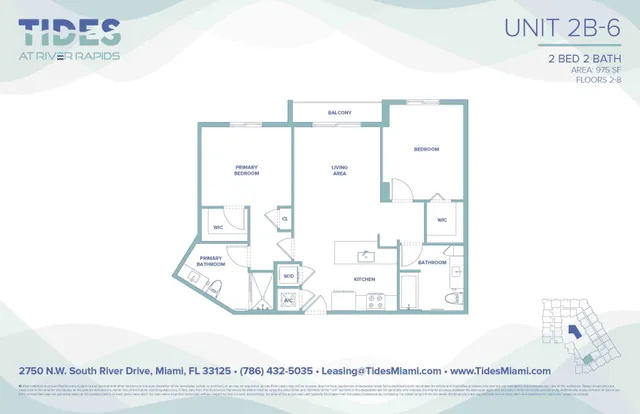 Elegant floor plan for Unit 2B-6 featuring 2 bedrooms, 2 bathrooms, a spacious living area, and a private balcony at Tides at River Rapids.
