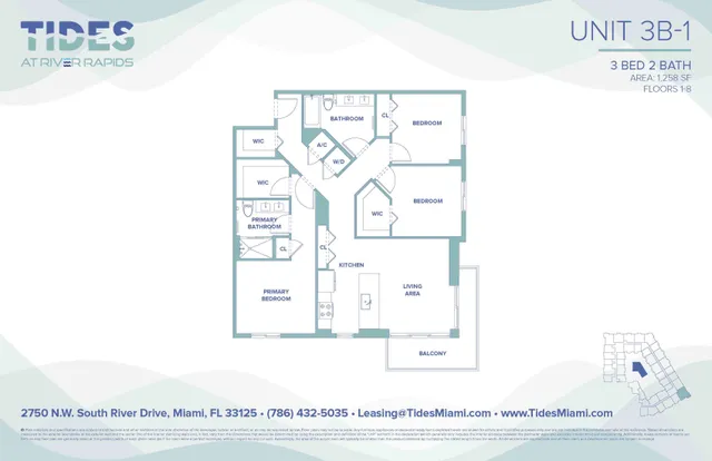 Tides at River Rapids floor plan for Unit 3B-1, featuring 3 bedrooms, 2 bathrooms, a spacious living area, a modern kitchen, and a balcony, spanning 1,258 sq ft.