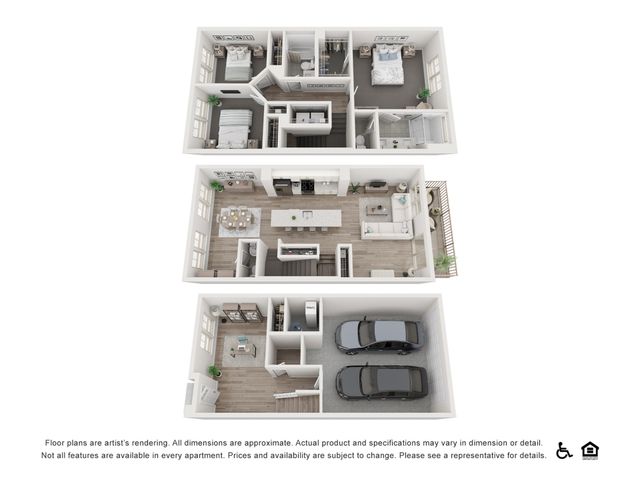 Modern 3D floor plan showcasing two-story design with 2 bedrooms, open-concept living space, chic kitchen, and 2-car garage.