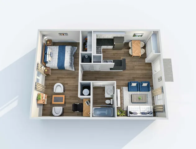 3D floor plan showcasing 1 bedroom, cozy living area, and modern kitchen with dining space.