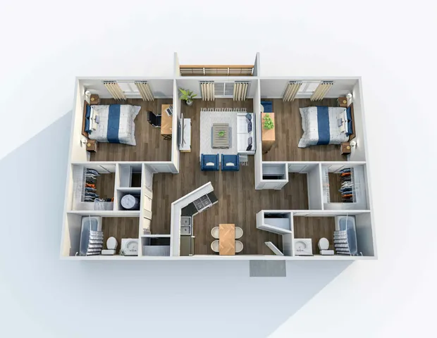 3D floor plan with two spacious bedrooms, open living area, modern kitchen, and two bathrooms.