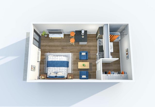 3D studio apartment floor plan featuring an open-concept living and sleeping area, a compact kitchen, and a modern bathroom.