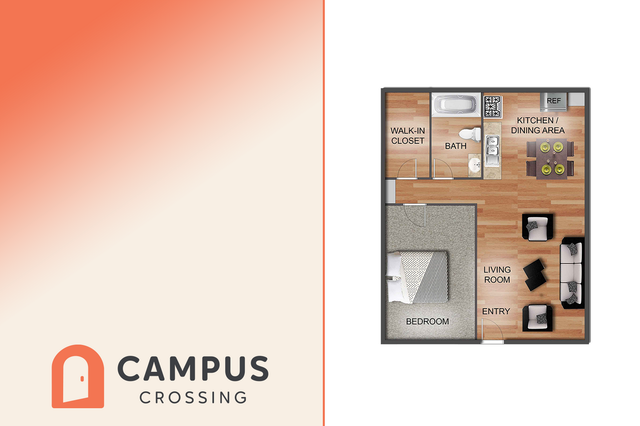 Campus Crossing floor plan showcasing a cozy layout with one bedroom, a spacious walk-in closet, a sleek bathroom, an open kitchen/dining area, and a comfortable living room.