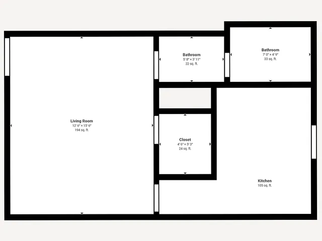Modern studio floor plan with 457 sq ft, featuring a spacious living room, two bathrooms, a cozy kitchen, and ample closet space.
