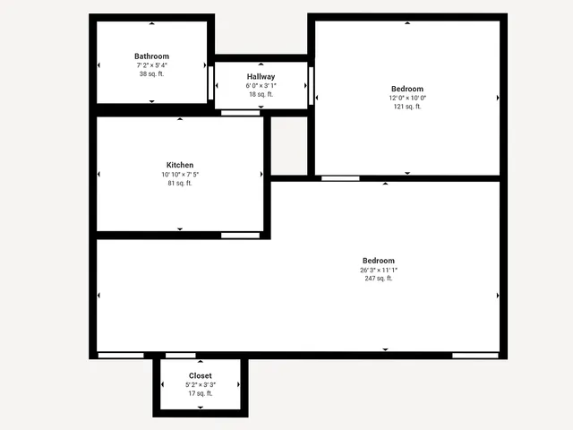 Efficient 2D floor plan showcasing a spacious one-bedroom layout with an expansive living area, modern kitchen, and cozy bathroom in 625 sq ft.
