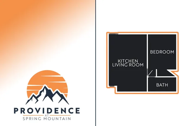 Modern floor plan of Providence at Spring Mountain showcasing a functional layout with a combined kitchen and living room, a cozy bedroom, and a well-appointed bath.