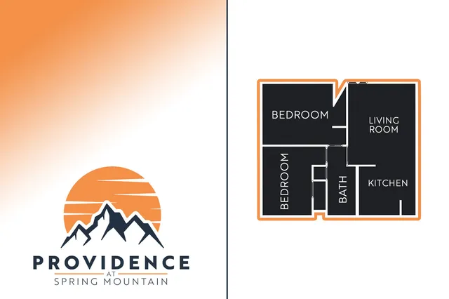 Providence at Spring Mountain 2D floor plan featuring 2 bedrooms, a cozy living room, and a modern kitchen.