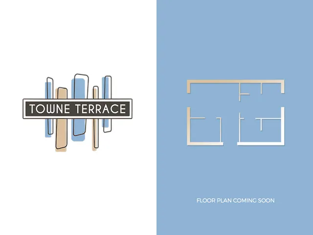 Towne Terrace announcement with a modern logo and teaser floor plan design on a stylish blue background.