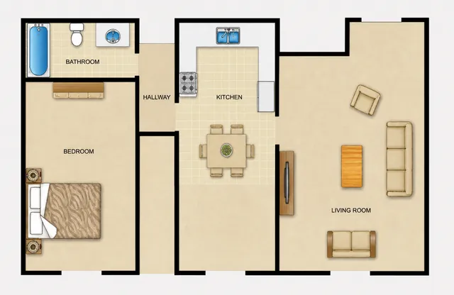 Inviting apartment floor plan featuring a cozy bedroom, modern living room, spacious kitchen, and stylish bathroom, designed for comfort and functionality.