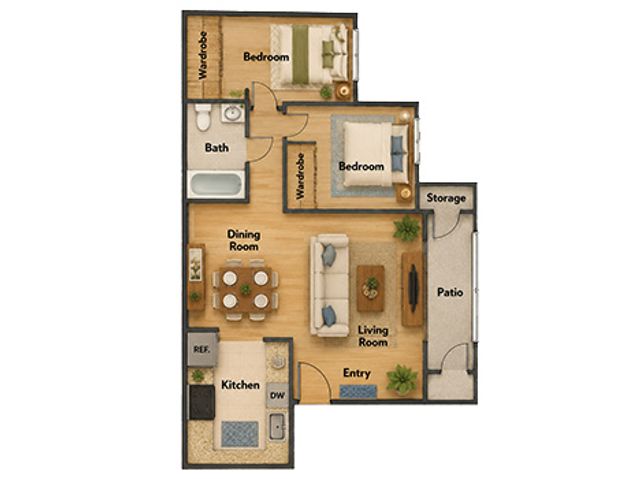 Inviting floor plan featuring 2 bedrooms, an open living and dining area, modern kitchen, and cozy patio space, perfect for comfortable living.